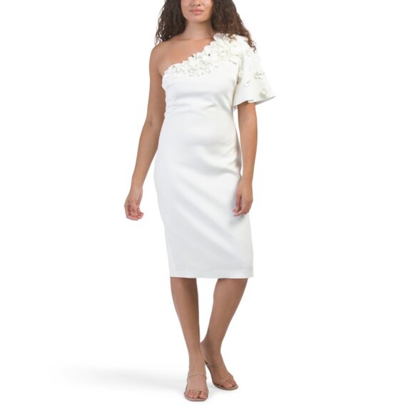 BADGLEY MISCHKA Light Ivory One Shoulder 3d Floral Applique Dress